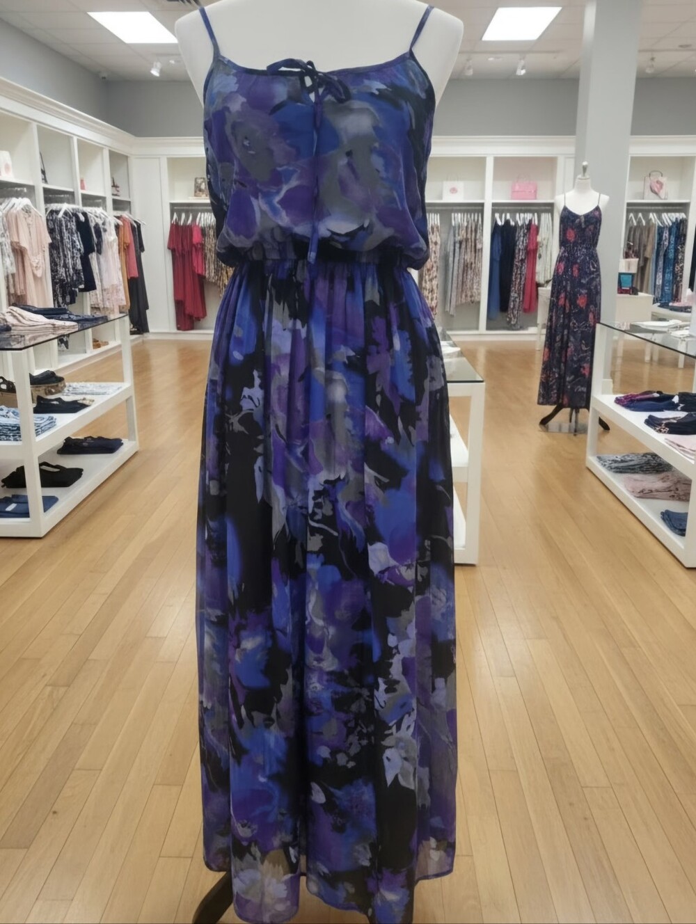 Sleeveless Blue & Purple Floral Maxi Dress - Women's